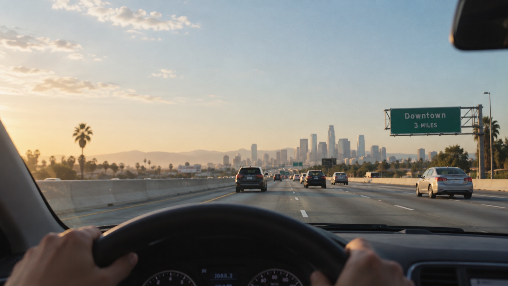 A driver heading toward downtown Los Angeles at sunset