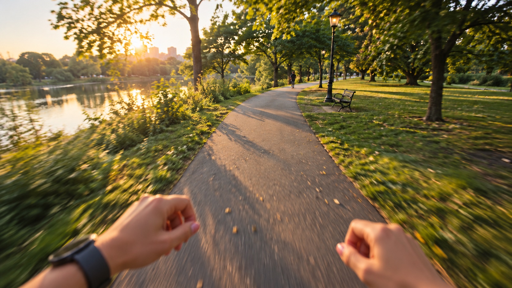 A runner's view along a sunlit lakeside park path