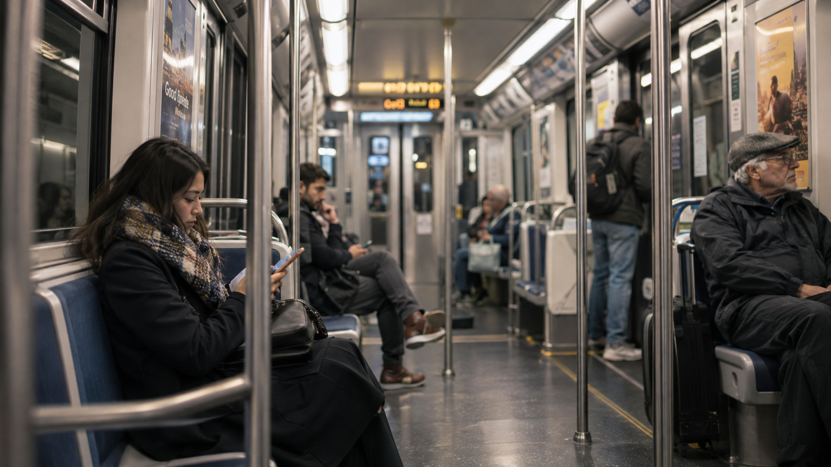 A passenger listening to a podcast on a subway train